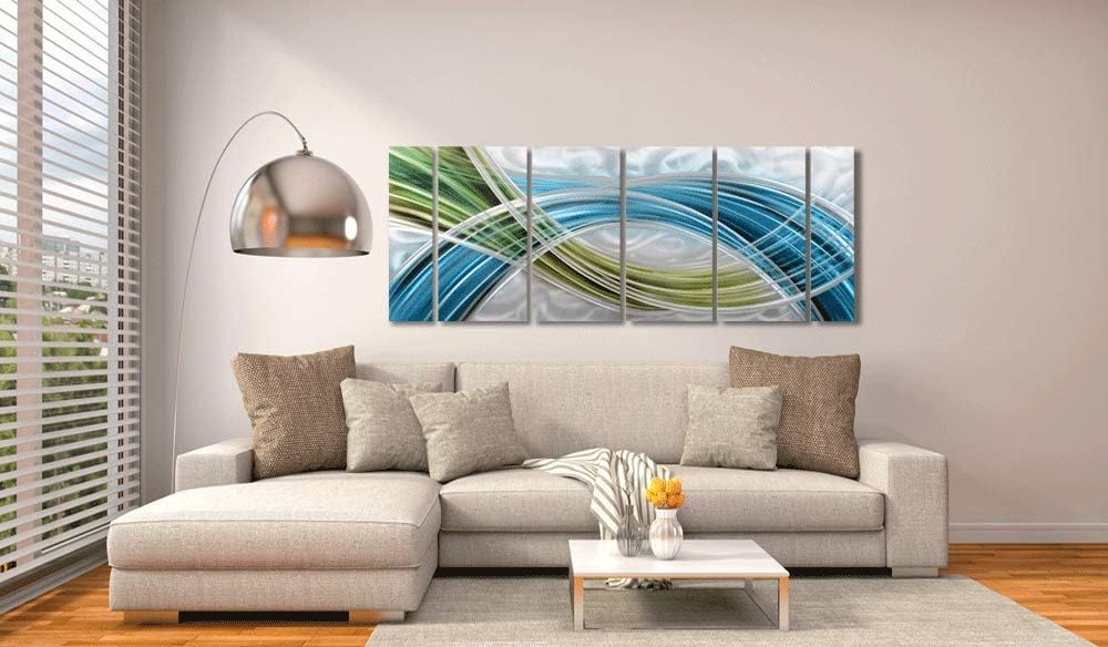 Yihui Arts Abstract Metal Wall Art - Hand Crafted 5 Pieces Panels Large Big Blue Teal Silver Unique 3D Aluminum Modern Contemporary Home Accent