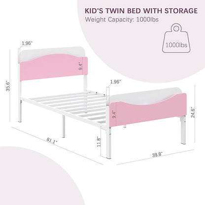 Timy Kids Twin Bed Frame with Bookcase Headboard and Footboard, Metal Platform Bed Frame for Boys Girls Teens, No Box Spring Needed, White and Pink