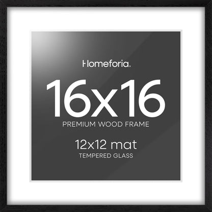 Homeforia 16x16 Black Wood Frame, High End Oak 16 x 16 Square Picture Frames with Mat 12 by 12 inches Photo, 16by16 Black Wooden Poster Frames Matted to 12x12 Print, Tempered Glass, Wall Kit, Set of 1
