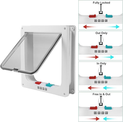 Cat Door- 4-Way Locking Option, Weatherproof & Secure Cat Flap with Easy Installation Kit for Interior/Exterior Doors and Walls (L)