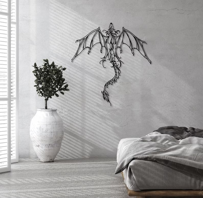 Dragon Metal Wall Art | Legendary Fantastic Dragon Wall Decor | Mythologic Wall Hanging | Man Cave Decorative | Mythic Wyvern Sculpture for Living Room Bedroom Game Room (Black - 38.9'' x 37.4'' / 100