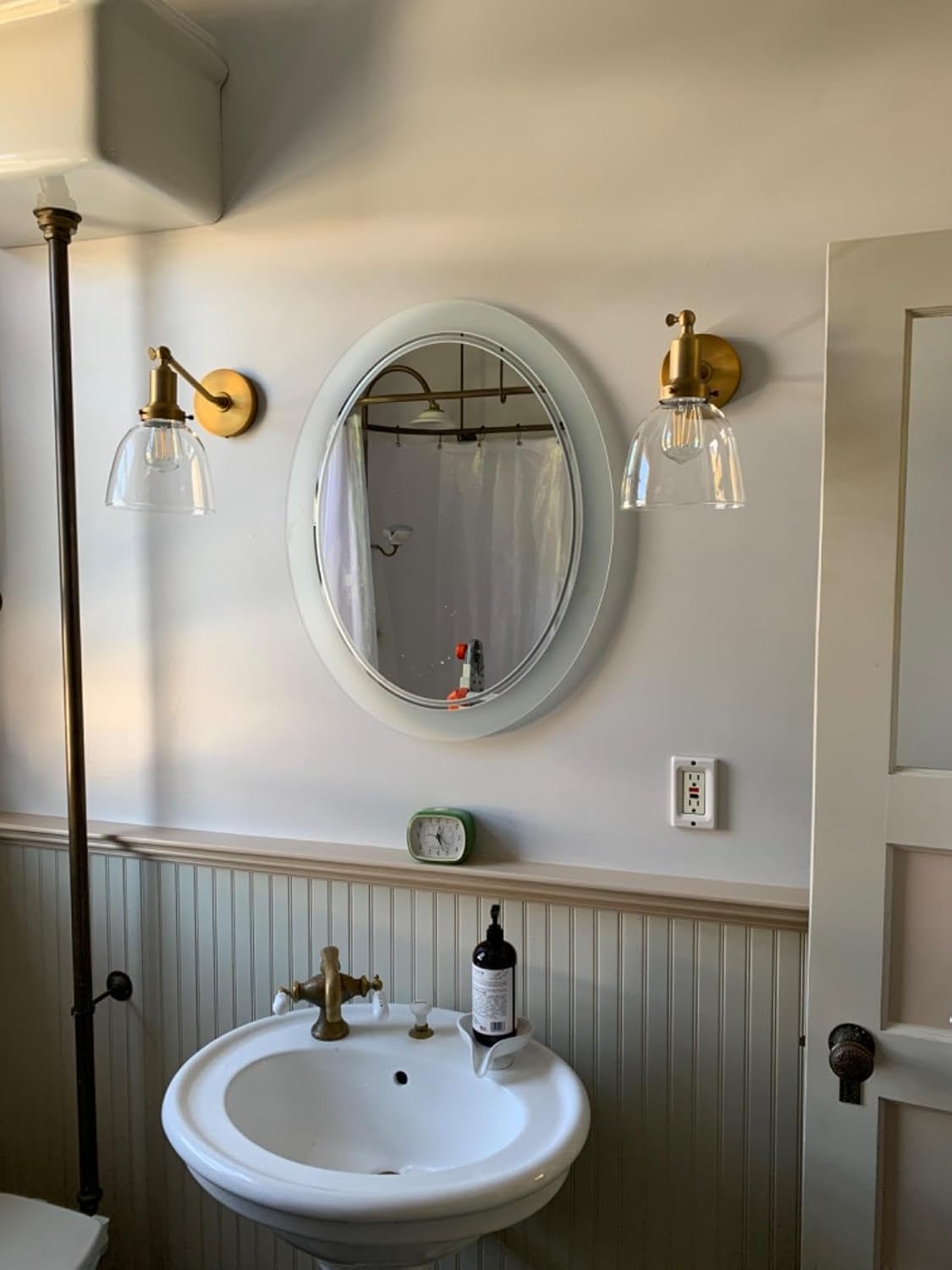 PERMO Industrial Vintage Slope Pole Wall Mount Single Sconce with 6.7" Oval Dome Clear Glass Shade Wall Sconce Light Fixture (Antique Gold)