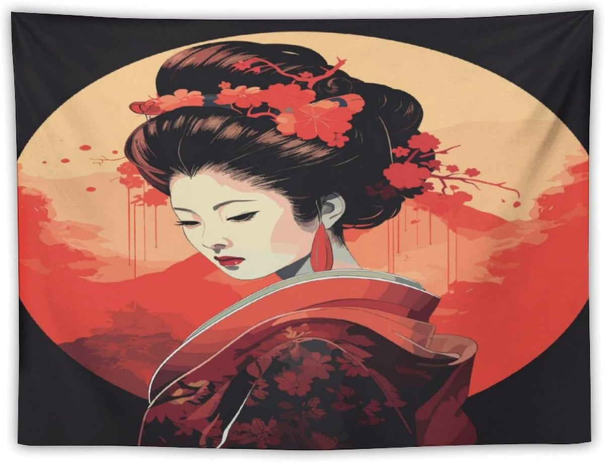 Japanese Woman Geisha Tapestry Asian Cherry Blossom Red Sun Traditional Kimono Folk Tapestries Home Decor for Living Room Bedroom Apartment Farmhouse Dorm 80"x60"