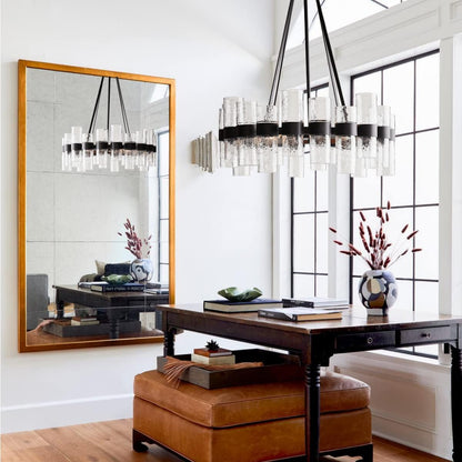 Round Black Glass Wagon Wheel Chandelier, Chandelier with Water Ripple Textured Recycled Clear Glass Piece, Modern Industrial Pendant Light with Metal Frame, Lighting Fixture for Living Room, Foyer