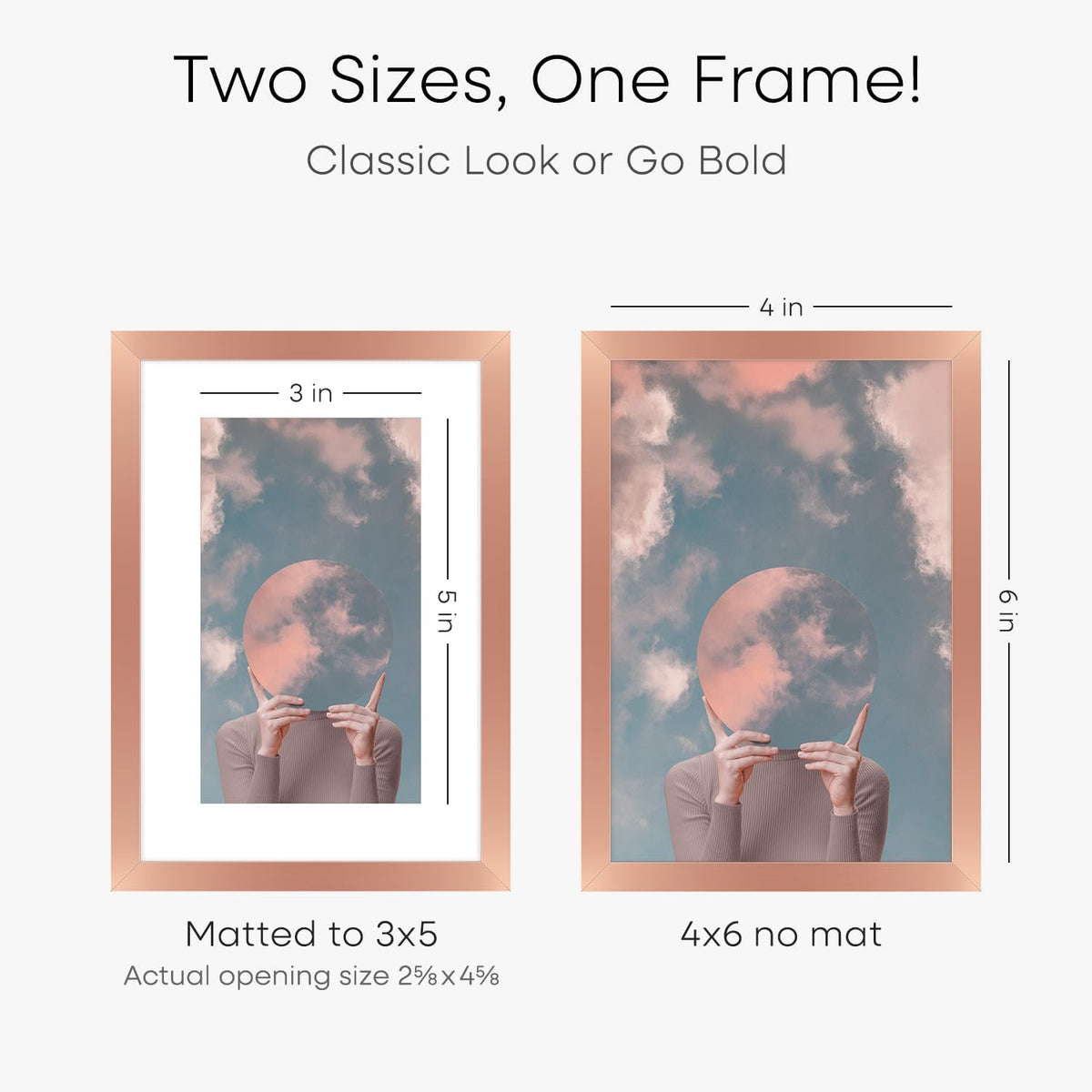 Homeforia Rose Gold 4x6 Picture Frame, High End Metal 4 x 6 Frames with Mat 3 x 5 for Print, 4by6 Desk Frame Matted to 3x5 inch Photo, 4 by 6 Wall or Tabletop Frame, Tempered Glass, Wall Kit, Set of 1