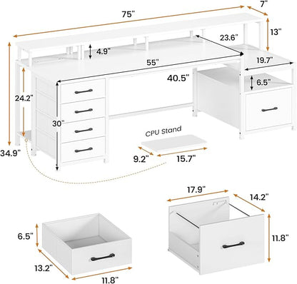 SEDETA White Computer Desk with 5 Drawer & Power Outlet, 75'' Home Office Desk with File Drawer, Storage Shelves, Printer Cabinet and Monitor Shelf, Gaming Desk with Led Lights, 23.6" W Desktop