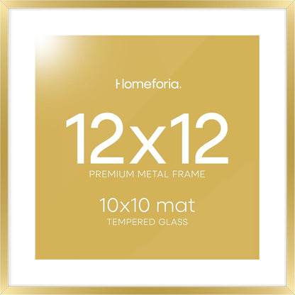 Homeforia 12x12 Picture Frame Gold, High End Metal 12 x 12 Square Poster Frame with Mat 10 x 10 Photo, 12x12 Frame Matted to 10x10 Print, 12by12 Gold Hanging Frames, Tempered Glass, Wall Kit, Set of 1