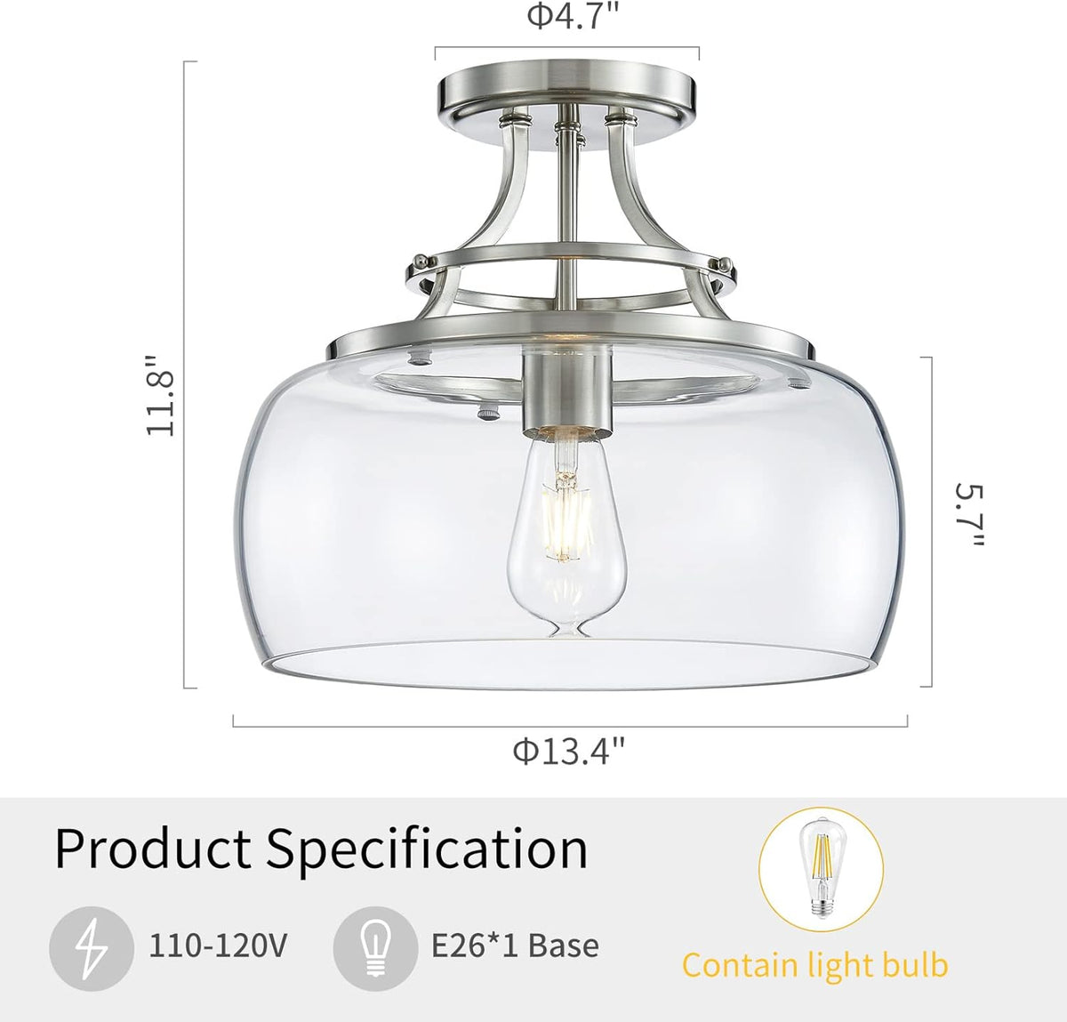 WUZUPS Chandelier Rustic Farmhouse Industrial Round Semi-flushmount Ceiling LED Light Fixture with Clear Glass Shades for Bathroom Kitchen Foyer Entryway, H 11.8" x W 13.4", E26 Base, Brushed Nickel