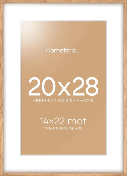 Homeforia 20x28 Picture Frame Wood, High End Natural Oak 20 x 28 Light Wooden Poster Frame with Mat 14 by 22, 20x28 Frames Matted to 14x22 Photo, 28by20 Thin Frames, Tempered Glass, Wall Kit, Set of 1