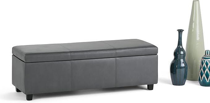 SIMPLIHOME Avalon 48 inch Wide Contemporary Rectangle Storage Ottoman Bench in Stone Grey Vegan Faux Leather, Assembled, For the Living Room, Entryway and Family Room
