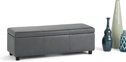 SIMPLIHOME Avalon 48 inch Wide Contemporary Rectangle Storage Ottoman Bench in Stone Grey Vegan Faux Leather, Assembled, For the Living Room, Entryway and Family Room