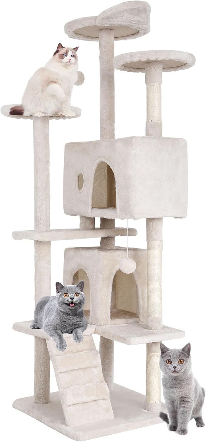 BestPet | 70" Cat Tree Tower | Beige | Sturdy, Easy to Assemble, Multi-Level Activity Center with Sisal Scratching Posts, Condos, Perches, Hanging Cat Toys, Observation Decks & Ladder