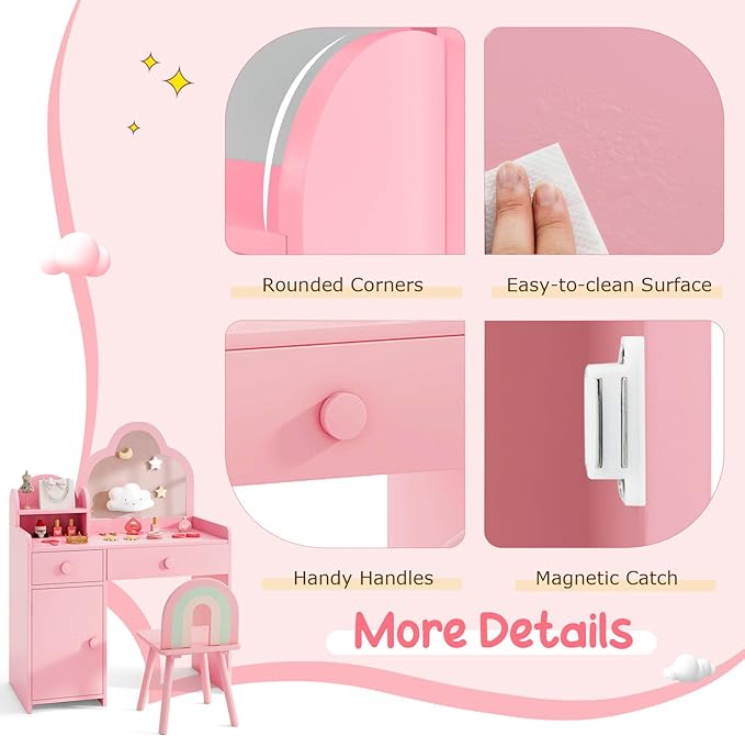 Costzon Kids Vanity, 2 in 1 Girls Vanity Set with Mirror, Drawers, Storage Shelf & Cabinet, Toddler Makeup Desk Dressing Table, Kids Vanity Table and Chair Set for Little Girls (Pink)