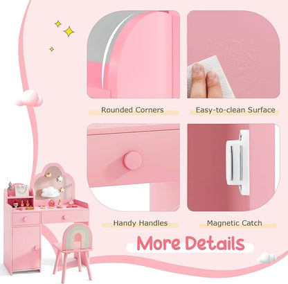 Costzon Kids Vanity, 2 in 1 Girls Vanity Set with Mirror, Drawers, Storage Shelf & Cabinet, Toddler Makeup Desk Dressing Table, Kids Vanity Table and Chair Set for Little Girls (Pink)