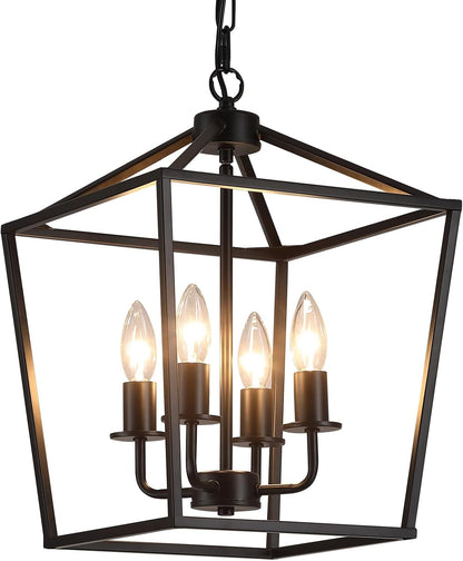 AMZASA UL Listed Black Industrial 4 Light Lantern Chandelier Ceiling Light Fixtures Farmhouse Metal Cage Rustic Geometric Pendant Light for Kitchen Island Entryway Dining Room Stairs and Hallway