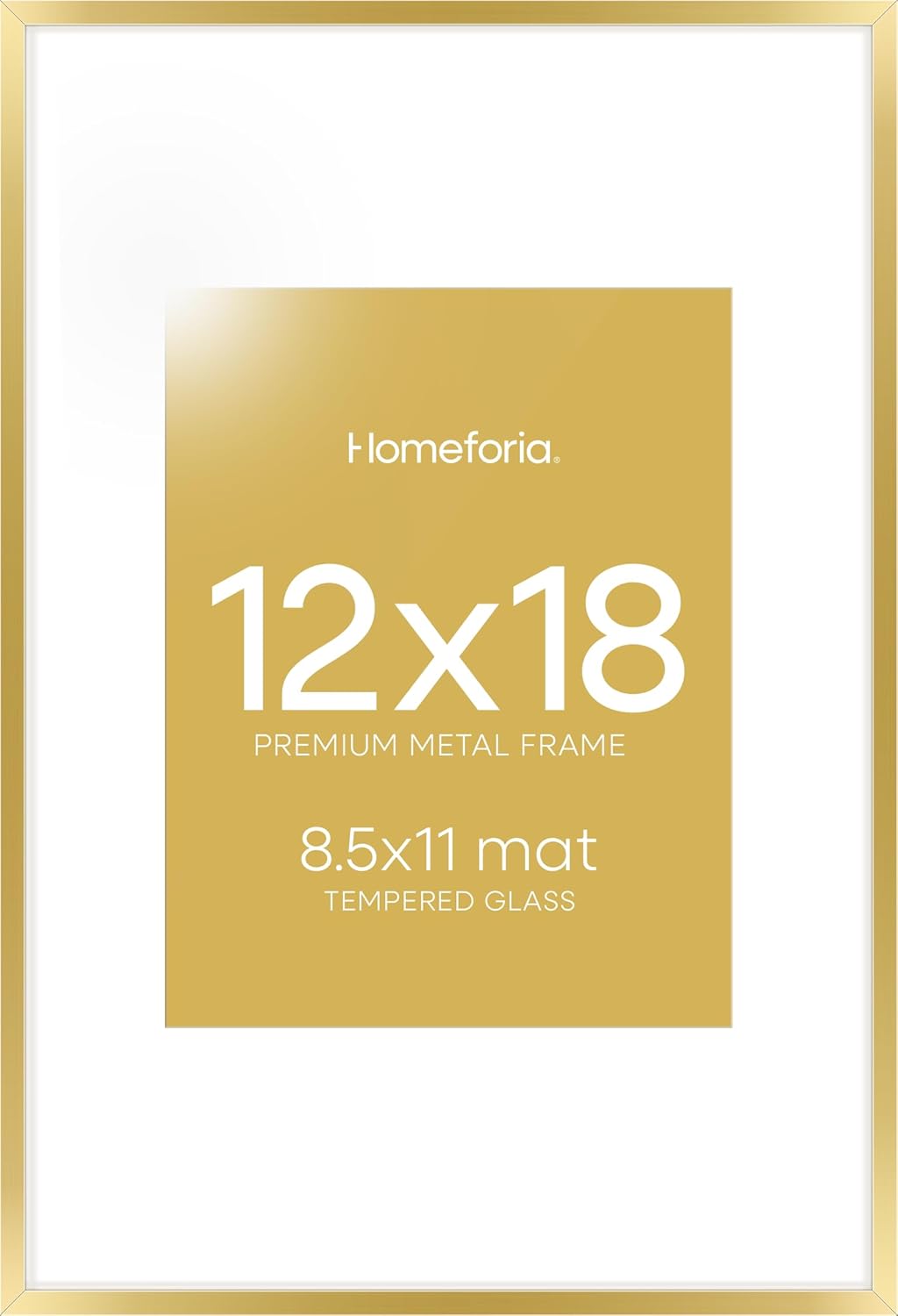 Homeforia 12x18 Picture Frame Gold, High End Metal 12x18 Poster Frames with Mat 8.5x11 Photo, 12 x 18 Gold Frame Matted to 8.5 by 11 Print, 18x12 Thin Hanging Frame, Tempered Glass, Wall Kit, Set of 1