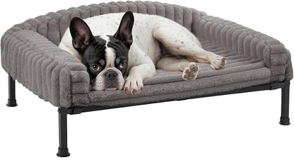 Veehoo Elevated Dog Bed with Bolster Cushion, Fluffy Plush Dog Couch Beds for Small Dogs, Cats, Washable Raised Pet Cot with Non-Slip Feet for Indoor or Patios Use, 24 x 18 Inches, Grey