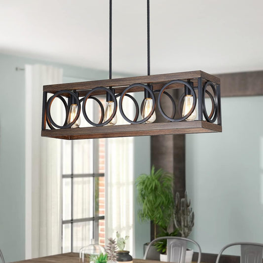 XINGQI Black Kitchen Island Light Fixtures, Farmhouse Dining Room Chandelier Rectangular Linear Chandeliers Pendant Ceiling Light Fixture for Bar Office Coffee Shop 4-Light Wood Grain