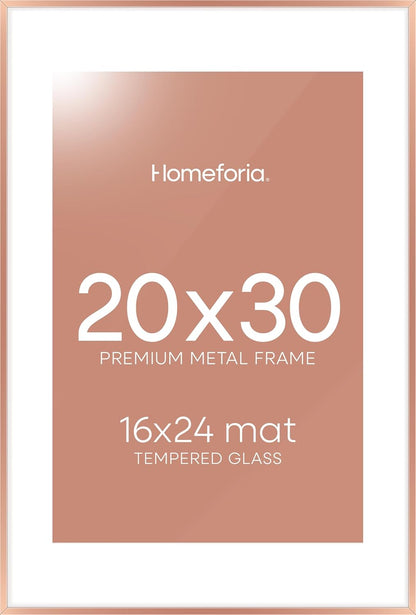 Homeforia 20x30 Frame Rose Gold, High End Metal 20x30 Picture Frames with Mat 16x24 inch Photo, 20 x 30 Rose Gold Poster Frame Matted to 16 by 24, 30x20 Large Frame, Tempered Glass, Wall Kit, Set of 1