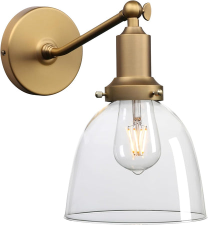 PERMO Industrial Vintage Slope Pole Wall Mount Single Sconce with 6.7" Oval Dome Clear Glass Shade Wall Sconce Light Fixture (Antique Gold)