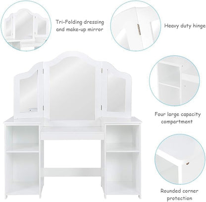 GOFLAME Kids Vanity Table, 2 in 1 Detachable Design with Dressing Table and Writing Desk, Princess Style, White MDF and Plastic Mirror, 42"×16"×46" (L×W×H), 2 Oversized Shelves, 3-Panel Mirror