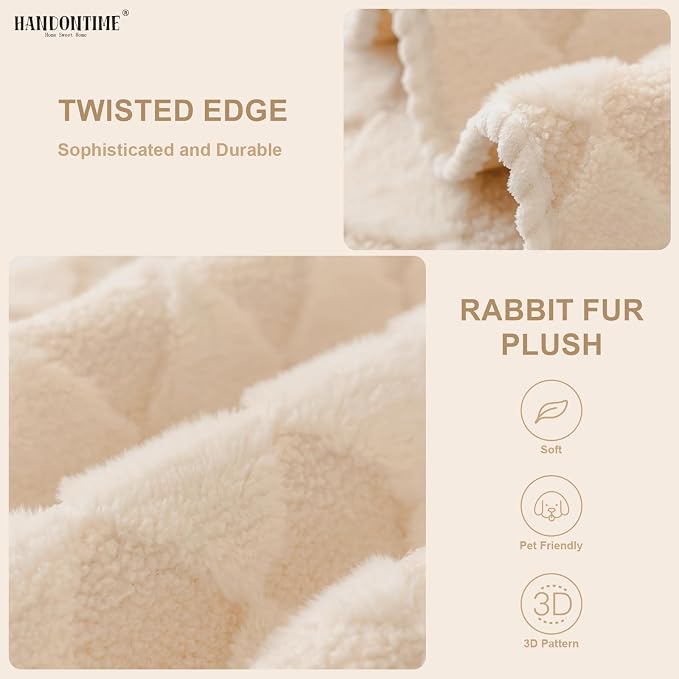 HANDONTIME Non-Slip Pet Couch Cover Washable, Plush Faux Fur Couch Protector for Cushion Pet-Friendly Sofa Covers for Dogs, Checkered Diamond Sectional Covers Dog Mat for Sofa (Khaki, 35.6" x 70.9")