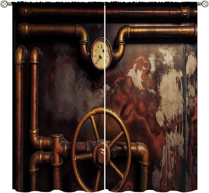 Steampunk Blackout Curtains Home Decor,Vintage Steampunk steam Pipes Pressure Rod Pocket Thermal Insulated Drapes Darkening Window Curtain for Bedroom Living Room 72 x 63 Inch
