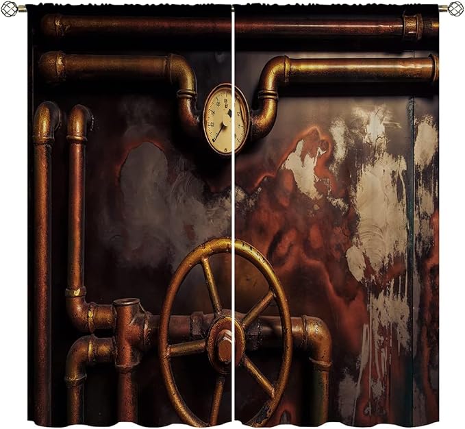 Steampunk Blackout Curtains Home Decor,Vintage Steampunk steam Pipes Pressure Rod Pocket Thermal Insulated Drapes Darkening Window Curtain for Bedroom Living Room 63 x 63 Inch