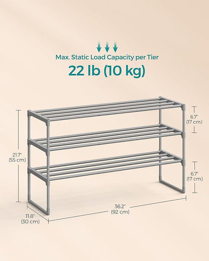 SONGMICS Shoe Rack, 3-Tier Shoe Organizer, Metal Storage Shelf, Upright or Upside Down, for 16-20 Pairs, Stackable, for Entryway, 11.8 x 36.2 x 21.7 Inches, Gray ULSA303G01