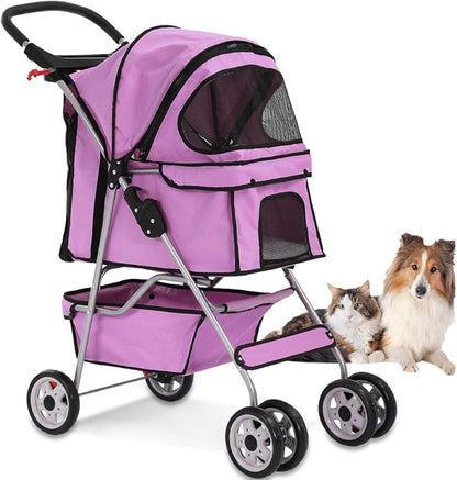 4 Wheels Pet Stroller Cat Dog Cage Stroller Travel Folding Carrier with Cup Holders and Removable Liner for Small-Medium Dog, Cat (Pink)