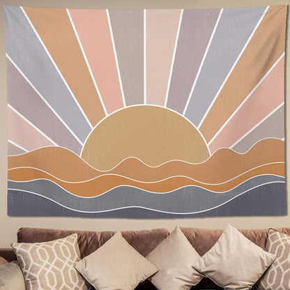 keowhsf Boho Sun Mountain Tapestry Wall Hanging - Retro 70s Vintage Rainbow Sunrise Sunset Design, Abstract Geometric Hippie Art Tapestry for Bedroom, Living Room & Dorm Decor
