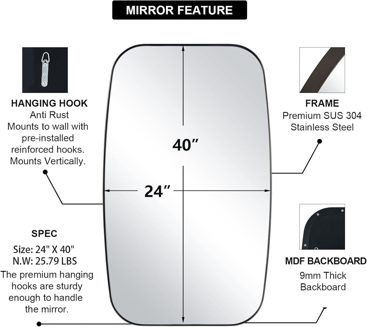 ANDY STAR Bronze Bathroom Mirror, 24x40 Inch Bronze Oval Mirror for Bathroom with Stainless Steel Metal Frame, Oblong Mirror for Bathroom, Living Room, Entryway
