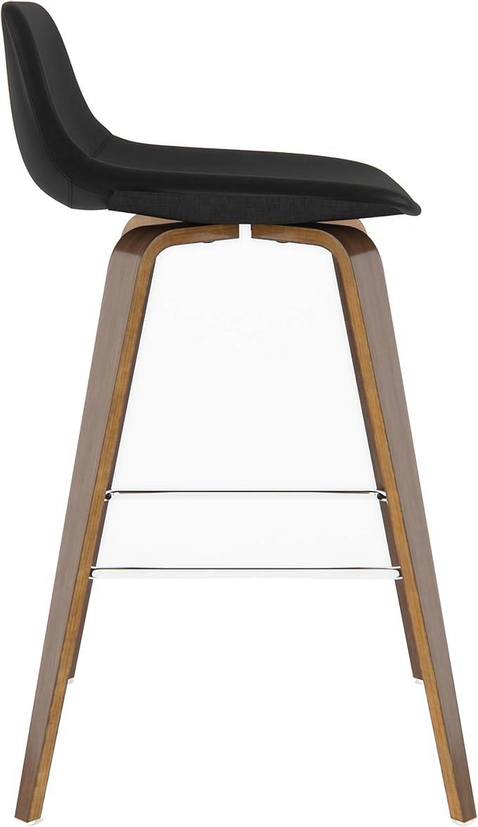 SIMPLIHOME Randolph Counter Stools (Set of 2) - 28 Inch Seat Height Upholstered Bentwood Kitchen Seats in Black Vegan Faux Leather, Mid Century Modern Seating with Curved Backrest and Chrome Footrest
