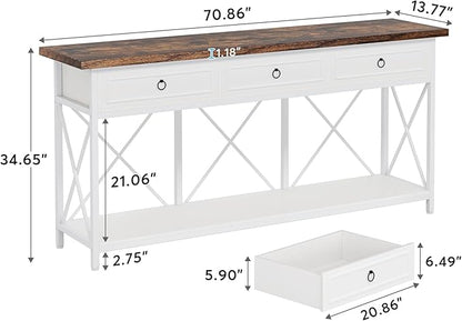 Tribesigns 70.8" Console Table with 3 Drawers, Farmhouse Entryway Table with Storage Shelf, Narrow Long Sofa Foyer Table for Entryway, Hallway (White/Brown)
