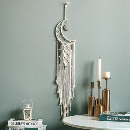 MOONFLY Dream Catcher with Handmade Moon Star Design Woven Cotton Dream Catchers Boho Macrame Wall Hanging Home Decoration Ornament Craft Gift (White Moon)