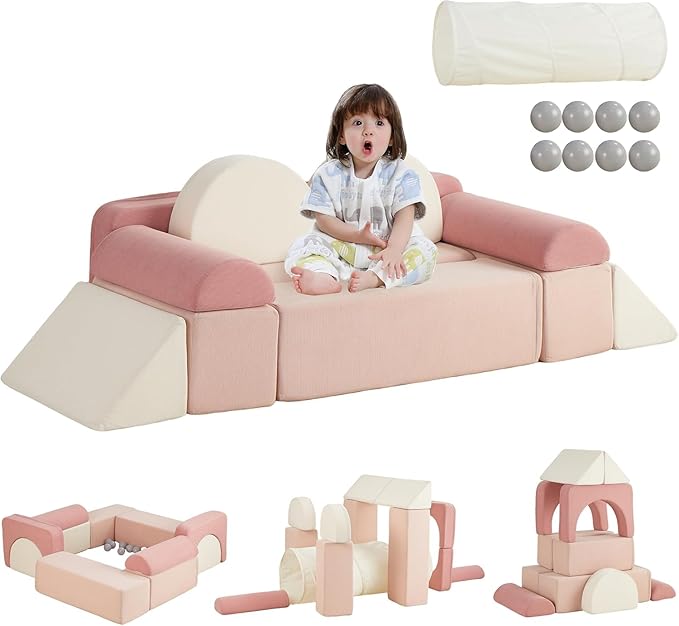 Asweets Kids Play Couch with Tunnel and Balls, Play Couch for Toddlers, Kids Foam Convertible Play Building Fort for Christmas and New Year, Pink
