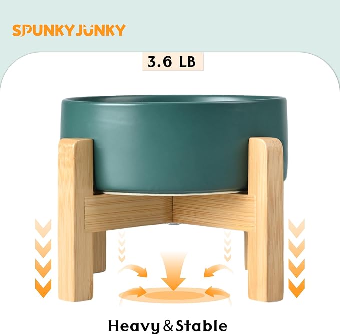SPUNKYJUNKY Ceramic Elevated Dog Bowls 2 Pack - 8.3inch Raised Dog Bowls with Non-Slip Wooden Stand for Large Dogs Dishwasher Safe(Green,60OZ*2)