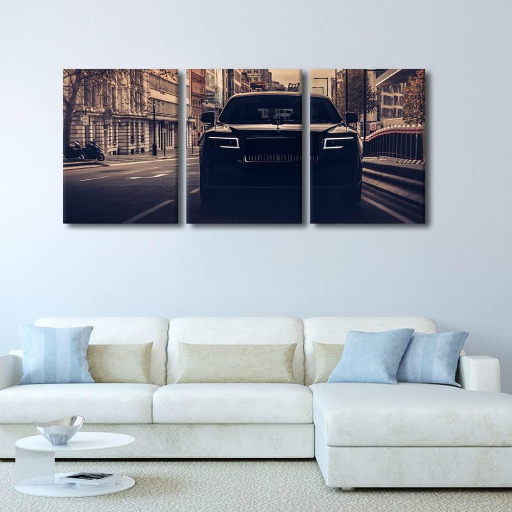 TUMOVO Canvas Prints Vintage Wall Art Modern Home Decor Black Sports Car Poster Living Room Men Boys Bedroom Decoration 3 Pieces Famous Car Retro Artwork Painting Framed Ready to Hang, 36" Wx16 H