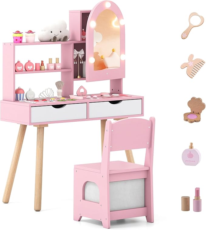 Costzon Kids Vanity with Lights, Girls Vanity Set with Mirror Cabinet, Storage Drawers, Hooks & Shelves, Toddler Makeup Vanity Desk Dressing Table, Wooden Kids Vanity Table and Chair Set (Pink)