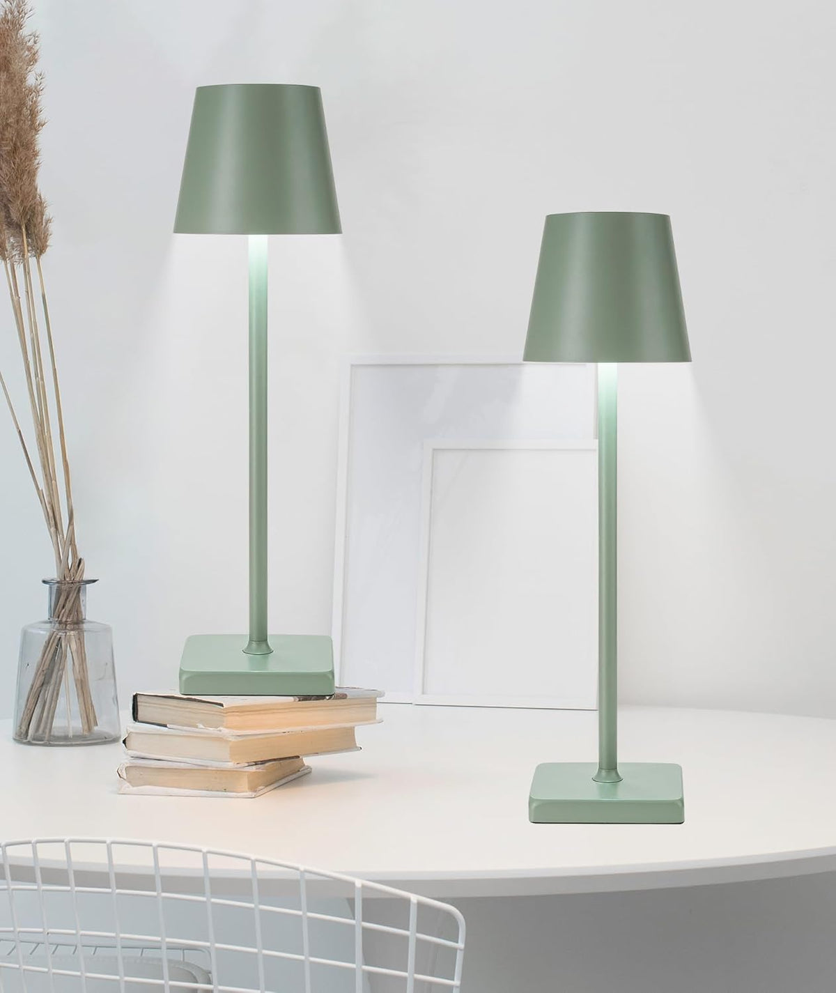 HASUN 2 Pack Cordless Table Lamp, Portable LED Desk Lamp, 5200mAh Battery Operated Lights, 3 Color Stepless Dimming Up, Night Light for Bedroom/Date/Bars/Cafe/Camping (Green 2Pack)