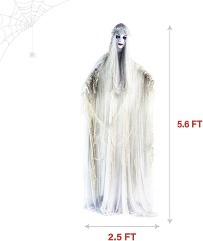 Haunted Hill Farm Life-Size Scary Ghost Bride, Halloween Animatronic with Touch Activated Lights and Sound, Battery Operated Indoor or Covered Outdoor Halloween Decorations, Creepy Halloween Prop