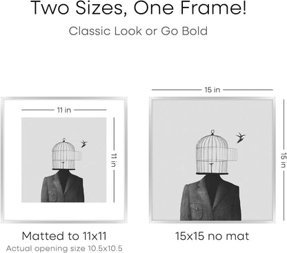 Homeforia 15x15 Picture Frame Silver, High End Metal 15 x 15 Square Frame with Mat 11 x 11 Photo, 15x15 Poster Frames Matted to 11x11 Print, 15 by 15 Hanging Frames, Tempered Glass, Wall Kit, Set of 1