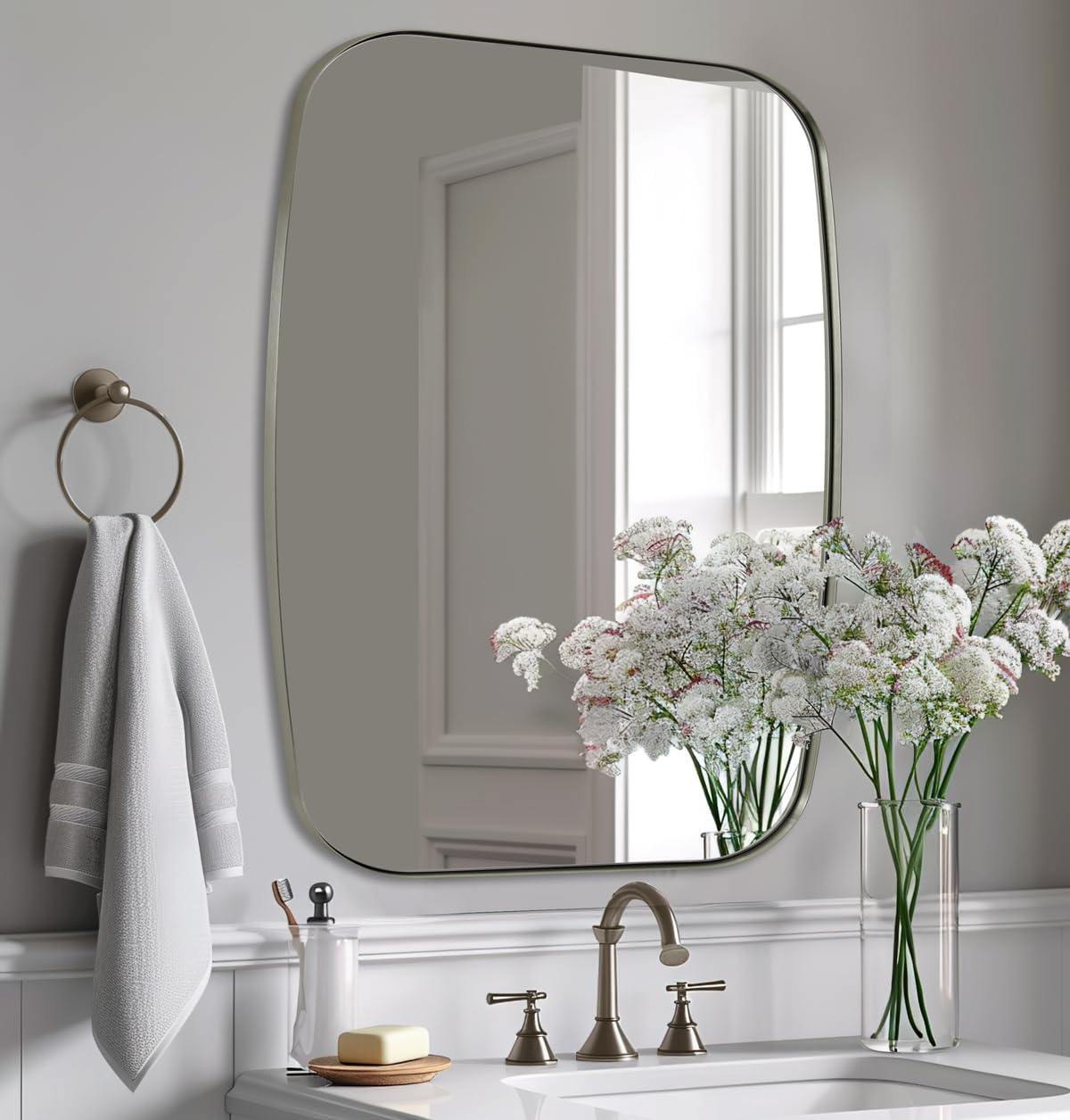 ANDY STAR Brushed Nickel Oblong Mirror, 36x40 Inch Brushed Nickel Oval Mirror for Bathroom with Stainless Steel Metal Frame, Wall Mouned for Bathroom, Living Room, Entryway