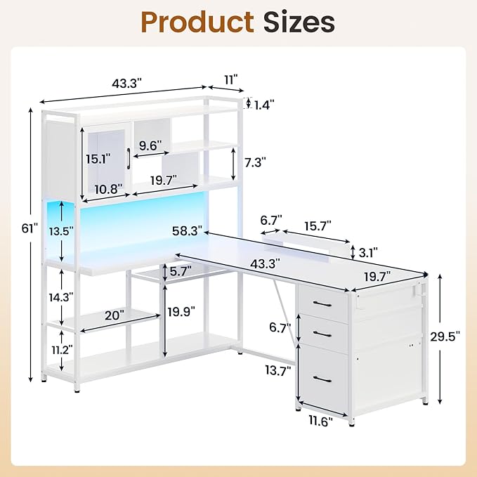 SEDETA L Shaped Computer Desk, 58'' Office Desk with 3 Drawers and Bookshelf, L Shaped Corner Desk with Storage Shelves and LED Light for Home Office, Gaming Desk, L Desk, White