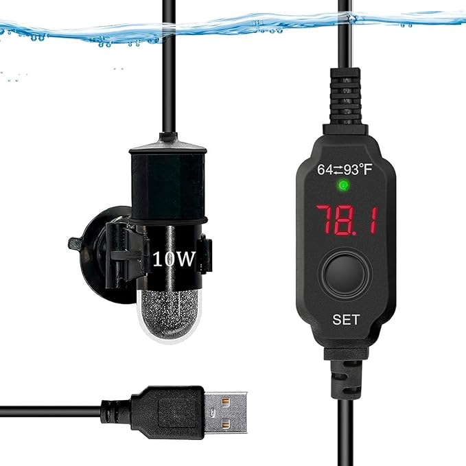 Mini Submersible Aquarium Heater, 25/50/100/150/200/300 Watts Adjustable Fish Tank Heater, Built-in Thermometer, External Temperature Controller, Smart Memory (10 Watts(USB))