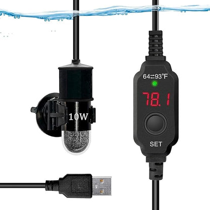 Mini Submersible Aquarium Heater, 25/50/100/150/200/300 Watts Adjustable Fish Tank Heater, Built-in Thermometer, External Temperature Controller, Smart Memory (10 Watts(USB))