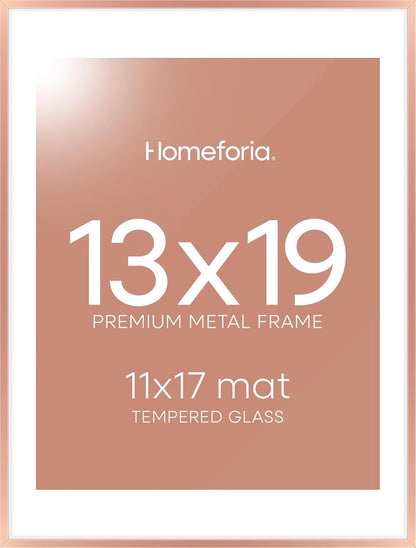 Homeforia 13x19 Picture Frame Rose Gold, High End Metal 13x19 Poster Frames with Mat 11x17 inch Photo, 13 x 19 Rose Gold Frame Matted to 11 by 17 Print, 19x13 Frame, Tempered Glass, Wall Kit, Set of 1