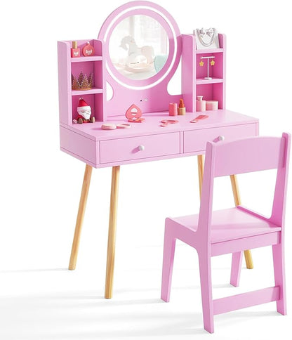 Costzon Kids Vanity, Girls Vanity Set with Mirror and Stool and Lights, Drawers, Storage Shelves, Wooden Toddler Makeup Vanity Desk Dressing Table, Kids Vanity Table and Chair Set (Pink)