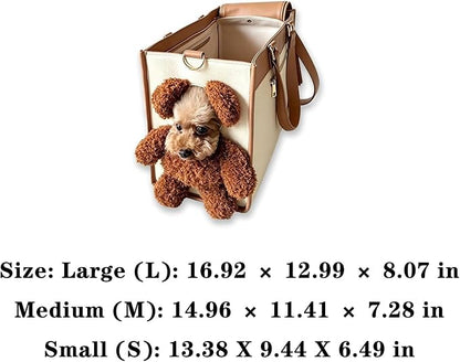 Teddy Bear Dog Carrier Bag, Teddy Carrier Bag for Dogs and Cats, Portable PU Leather Shoulder Tote with Plush Ears, Portable Convenient，White Brown Color Scheme