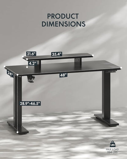FLEXISPOT Standing Desk with Monitor Stand, 48 x 24 Inches One-Piece Electric Height Adjustable Computer Desk with Cup Holder, Home Office Desks (Black Frame+ Black Top)